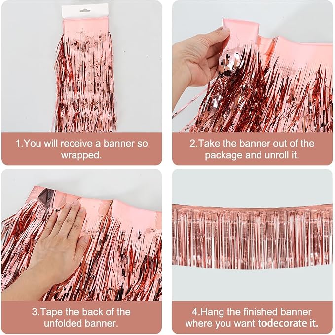 BEISHIDA Rose Gold Fringe Garland Banner 30ft Wall Tinsel Foil Streamers | 3Pack - Image 3