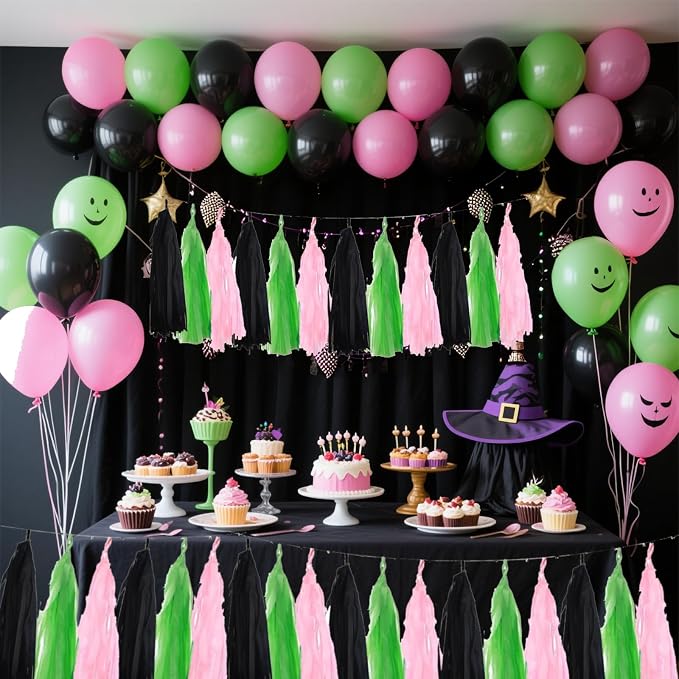 Black Pink and Green Tissue Paper Tassels Party Tassel Garland Banner - Image 2