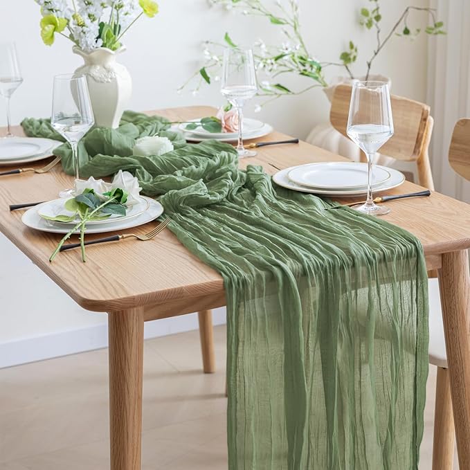 Asee'm 12pcs Cheesecloth Table Runner 120 Inches Sage Green Boho Gauze Cheese Cloth Runner 10FT Rustic Sheer Table Runners for Summer Wedding Baby Shower Holiday Party Decoration