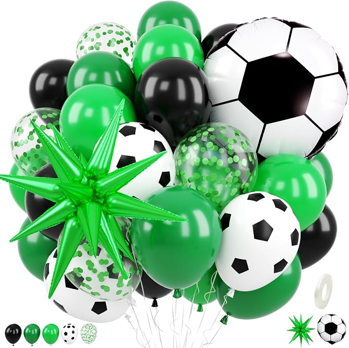 Soccer Balloons for Sports Party Decor | 12 Inch Black Green Soccer Printed by FEYG