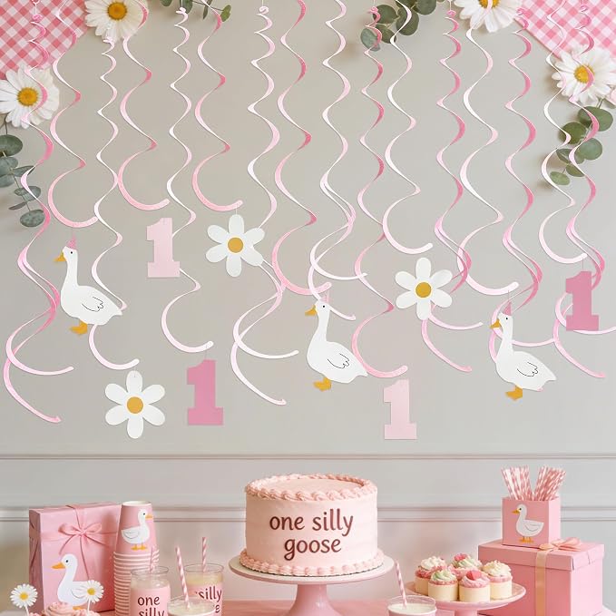 24Pcs Pink One Silly Goose Hanging Swirl Decorations Daisy Felt Swirl Streamer - Image 5