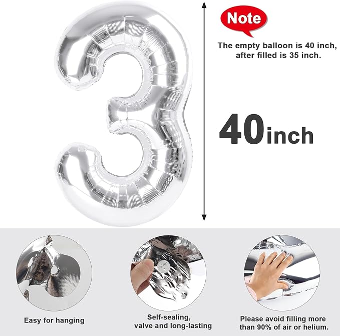 3 Balloon Numbers Birthday Decorations, 40In Silver Balloons - Image 5