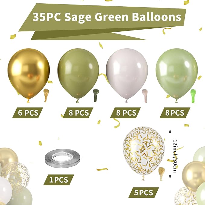 Sage Green Balloons, Sage Balloons Retro White Pearl Light Green Balloon - Image 2
