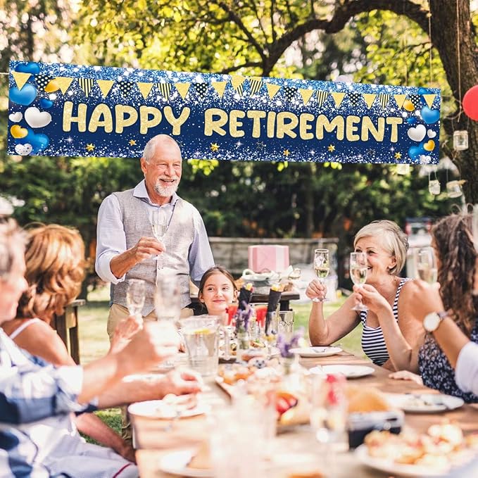 Happy Retirement Banner Backdrop Party Decoration Blue Gold Glitter Garland - Image 5