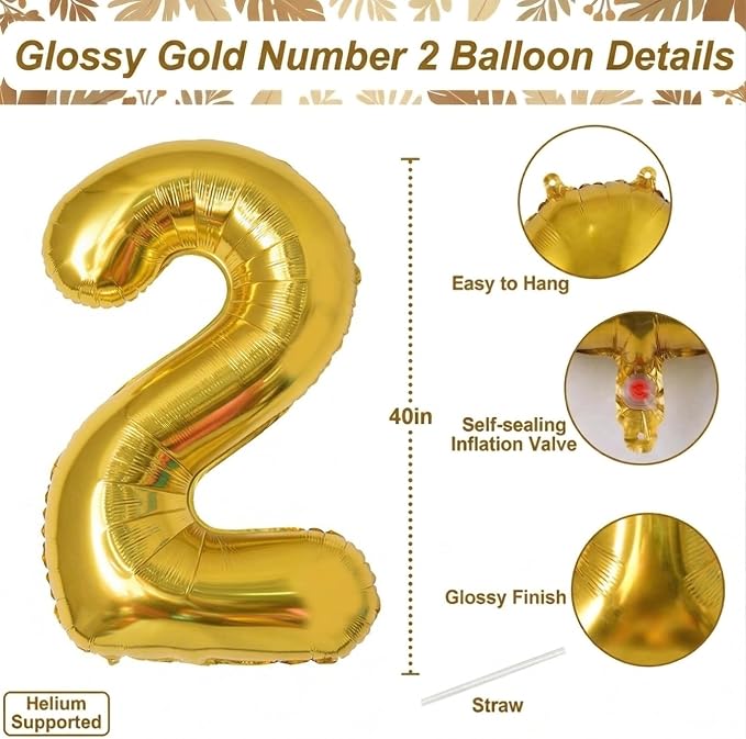 Gold Number 2 Balloon 40 Inch, Shiny Foil Decor - Image 4