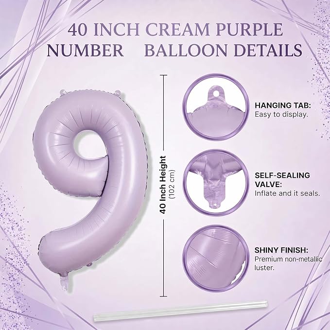Cream Purple Number 9 Balloon 40 Inch, Foil Numeral - Image 4