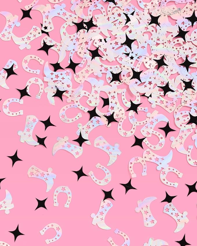 xo, Fetti Black + Iridescent Western Confetti - 200 pc | Rodeo Bachelorette Tablescape, Ranch Birthday Party Decoration, Cowgirl Table Decor, Cowboy Kids Party Supplies