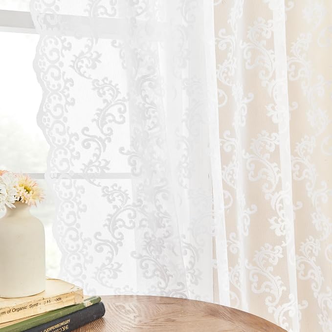 White Lace Curtains 45 Inch Length 2 Panels set Victorian Floral Sheer Curtains by FOLKSIDEHomeDecoration