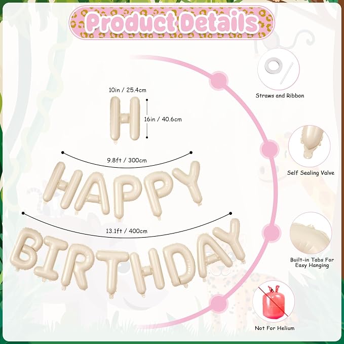 29PC Cream Pink Leopard Happy Birthday Balloon Banner, 16Inch 3D Aluminum - Image 3