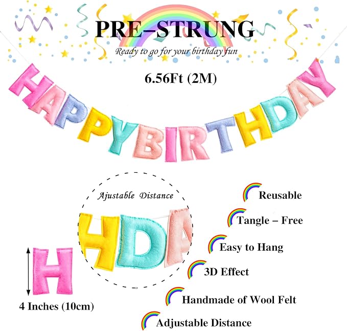 Pre-Strung Pastel Felt Happy Birthday Banner, Macaron Birthday Decorations | - Image 8