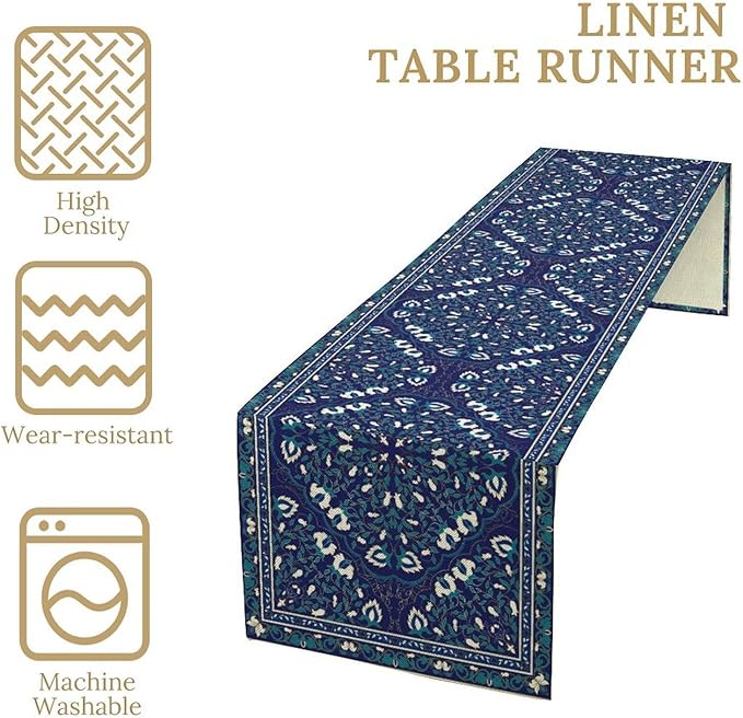 Boho Floral Vintage Table Runner, Retro Morris Abstract Blue Flower Rustic Country Farmhouse Pattern for Home Kitchen Table Decor Dining Coffee Room Wedding Party Decor 13x72in