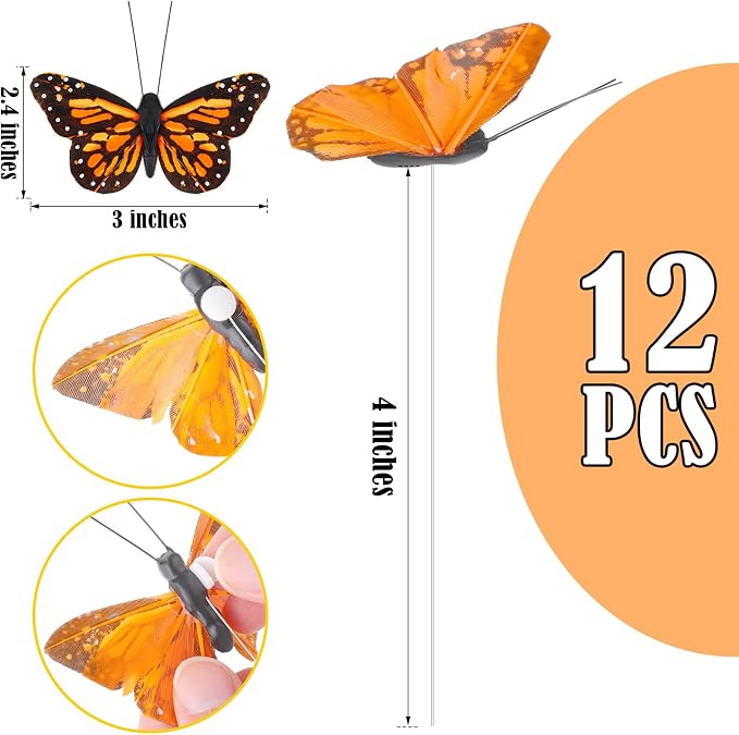 Ysleen 12 Set Monarch Butterfly Decoration Artificial Butterflies Feather Picks - Image 2