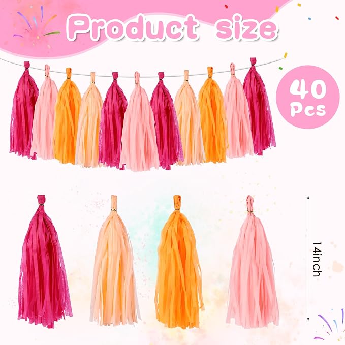 Orange & Hot Pink Tassel Garland Banner – 40 PCS Paper Tassels - Image 3