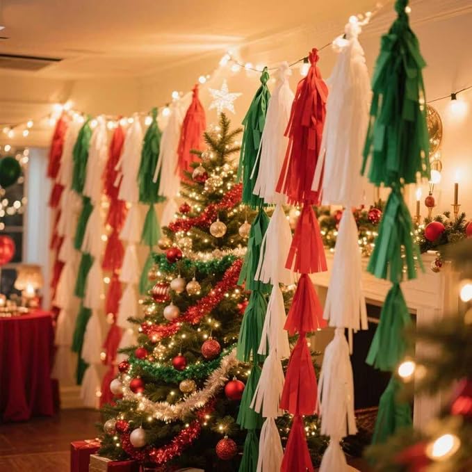 Red White and Green Paper Tassels 30pcs Streamers Christmas Theme Graduation - Image 2