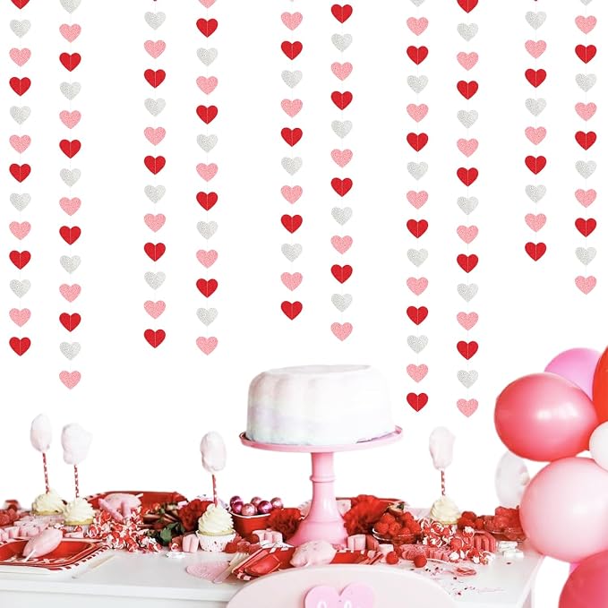 Glitter-Red Silver-Pink Valentines Party-Decorations Heart-Garland - 52ft - Image 6