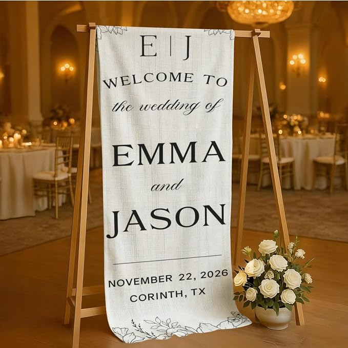 Elegant Wedding Welcome Cotton Linen Tapestry Banner, Custom Names & Date - Image 4