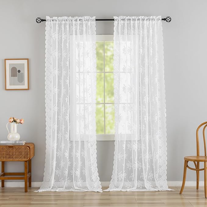 Kotile White Lace Curtains for Living Room Rustic Floral 52x92 in, 2 Panels | - Image 8