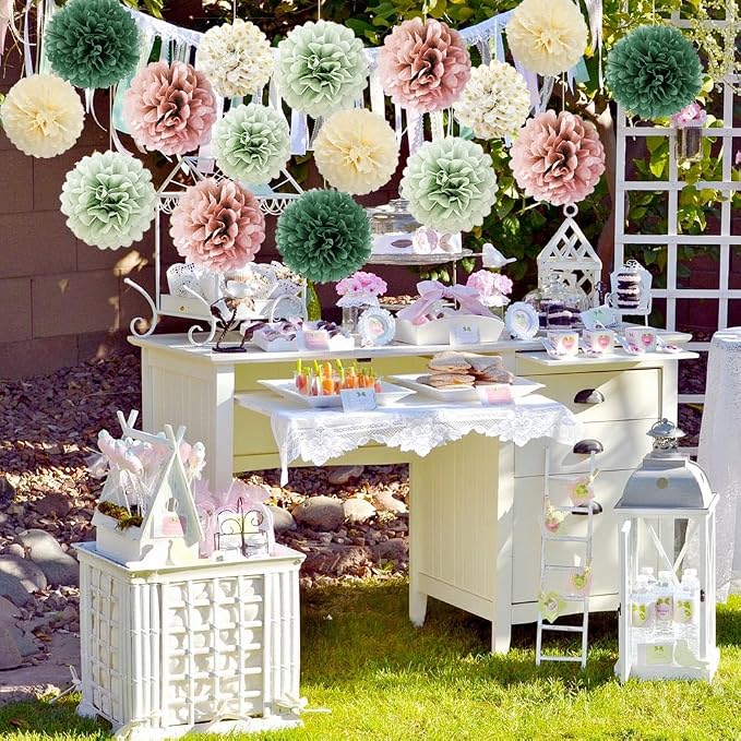 16pcs Dusty Rose Olive Sage Green Tissue Paper Pom Poms Flowers Sage Green - Image 3