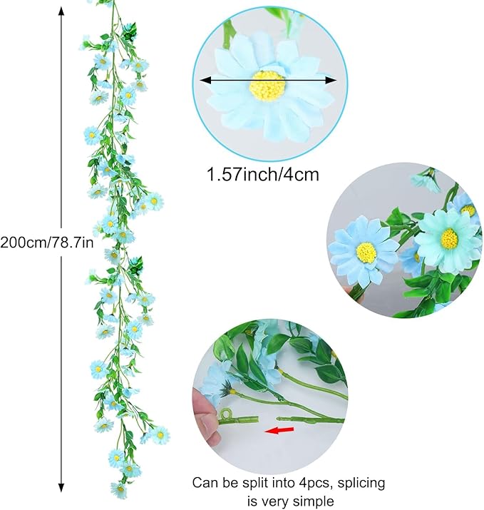 6.5Ft Artificial Blue Flower Garland Fake Daisy Floral Garland Hanging Flowers Silk Vines with Green Leaves for Backdrop Arch Wall Home Indoor Tiffany Blue Wedding Decor