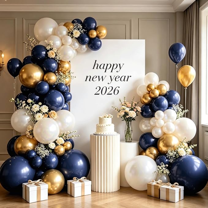 Navy Blue Gold Balloons Arch Kit, Double Stuffed Pearl White Blue Gold Chrome - Image 5