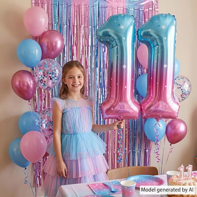 40 Inch Blue Pink Number 11 Balloon, Ombre Star Foil Helium Birthday Decor | - Image 2
