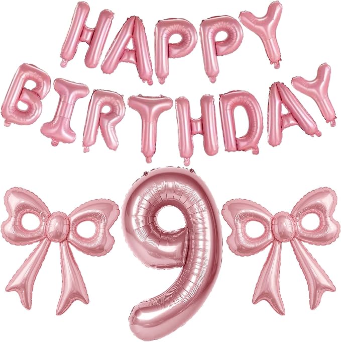 Bow Number 9 Birthday Balloons, Coquette Party Decorations Supplies by BSRESIN