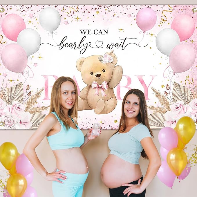 Pink Bear Baby Shower Backdrop 6x3.6 ft We Can Bearly Wait Banner - Image 7