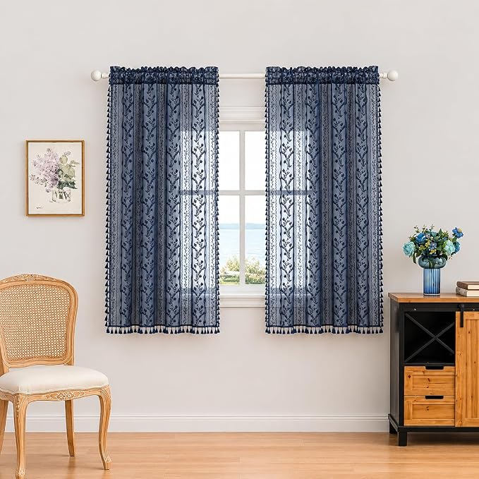 WAZZIO Boho Lace Curtains 2 Panels 63 Inch -Victorian Sheer Panel Drape French - Image 2