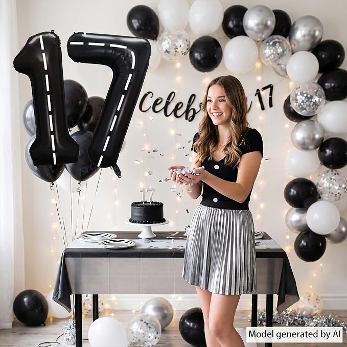 Black and White Stripes Number 17 Balloon 40 Inch, Road Style Numeral | Chic - Image 6