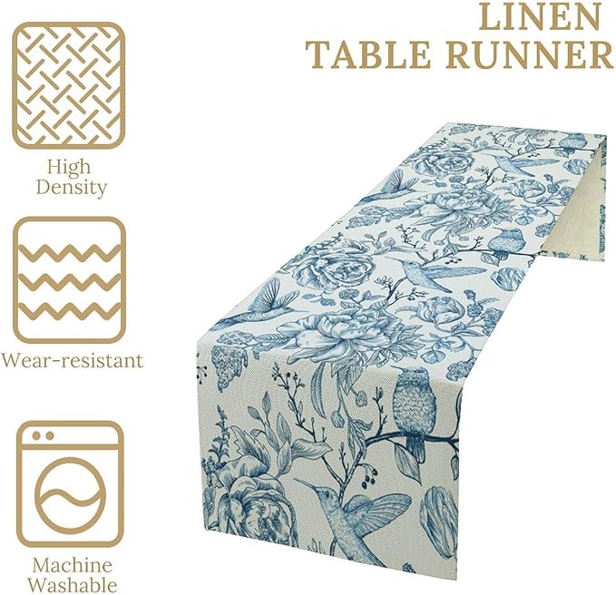 Blue White Table Runner Retro Monochrome Sketch Birds Flower Vintage Floral Kitchen Dining Table Decoration for Home Party Holiday 13"x120"
