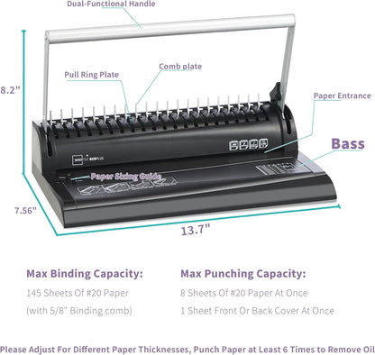 Binditek Binding Machine, 19-Hole, 145 Sheets, Comb Binder Machines with 30 PCS 1/2" Binding Combs, for Letter Size, Fixed Margin