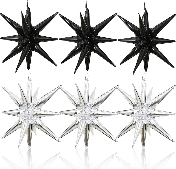 HILAVO 6PCS Silver Black Star Balloons, 22Inch Large Star Balloon Foil Balloons by HILAVO