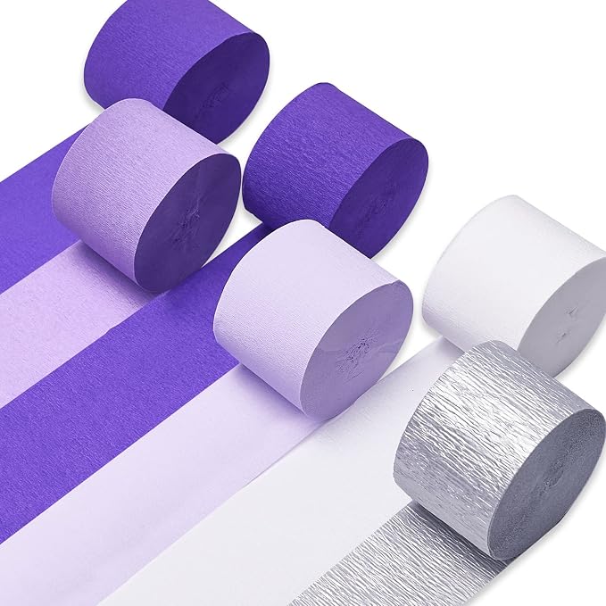 PartyWoo Purple Lavender Light Silver Crepe Paper Streamers 6pcs 492 FT | by PartyWoo