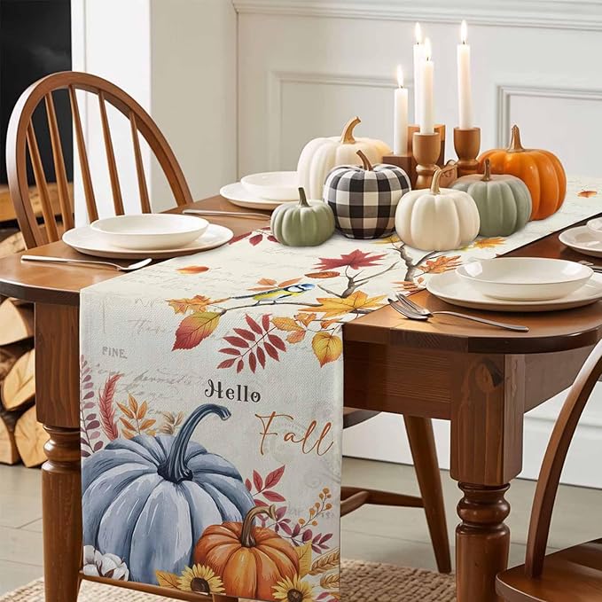 Thanksgiving Fall Cotton Linen Table Runner for Dining Kitchen, Blue Pumpkins Rustic Wedding Outdoor Party Autumn Tablerunners Decoration, Leaves Dresser Scarf Coffee Tablecloth Runners 13x48 Inches