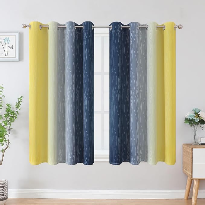 Navy Blue and Yellow Blackout Curtains 45 Inch Length, Full Light Blocking - Image 2