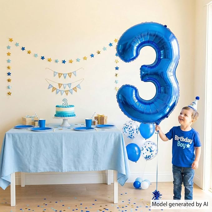 Navy Blue Number 3 Balloon 40 Inch, Metallic Foil Numeral Celebration Decor | - Image 2