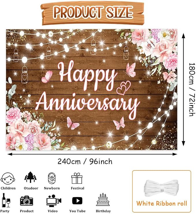 AIBIIN Happy Anniversary Backdrop Photography Background Pink Floral Wedding - Image 2