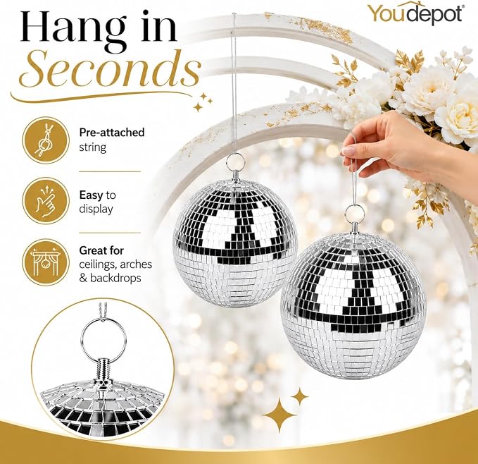 Youdepot 8-Inch Silver Disco Ball 2-Pack Mirror Ball | Hanging Mirror Ball - Image 7