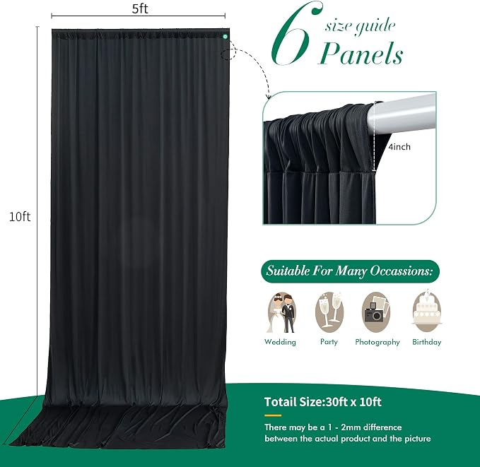 30 ft x 10 ft Wrinkle Free Black Backdrop Curtain - Image 5