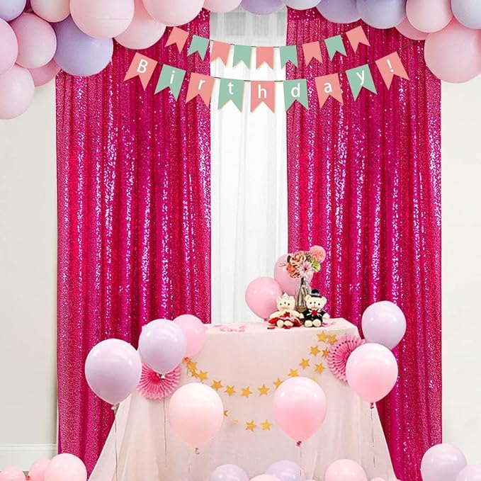 PartyDelight Hot Pink Sequin Backdrop Curtains 2x8ft 4 Panels | Sparkly 3mm - Image 4