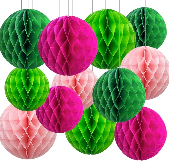 Hot Pink and Green Paper Honeycomb Balls, 12 Pack Hanging Tissue Pom poms by SIPRKAICT