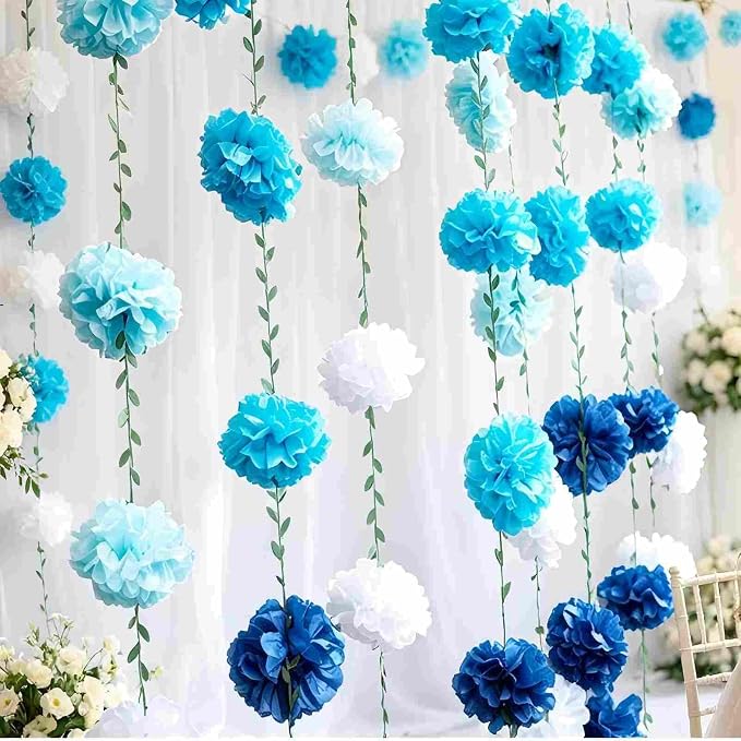 Gradient Blue Tissue Paper Pom Pom Garlands, Paper Flowers - Image 4