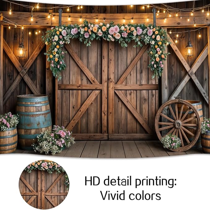 9x6ft Country Wedding Photography Backdrop Rustic Barn Door Photography Backdrop Farmhouse Pink Flower Cabin Wooden Birthday Baby Shower Wedding Bridal Party Banner Photo Booth Props Background