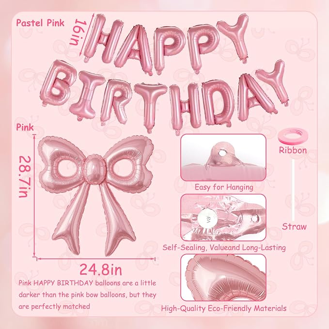 Pink Happy Birthday Balloons, 31”Huge Pink Bow Aluminum Foil Balloons - Image 6
