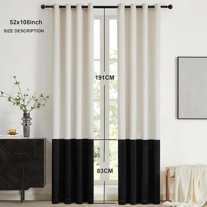 Modern Cream White Black Decorative Velvet Curtains 108 inches 2 Panels | Color - Image 6
