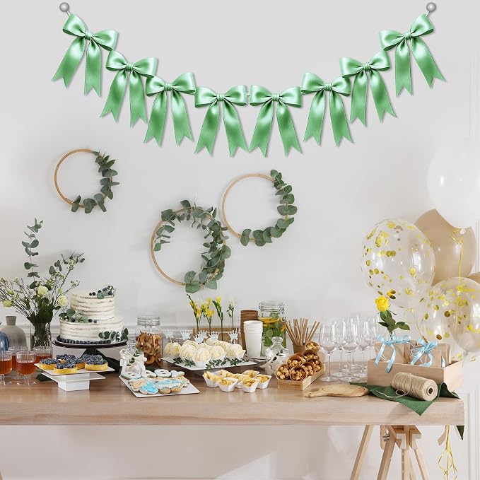 2 Strings of 16PCS Sage Green Bow Garlands Banner Decoration, Pre-Strung Satin - Image 4