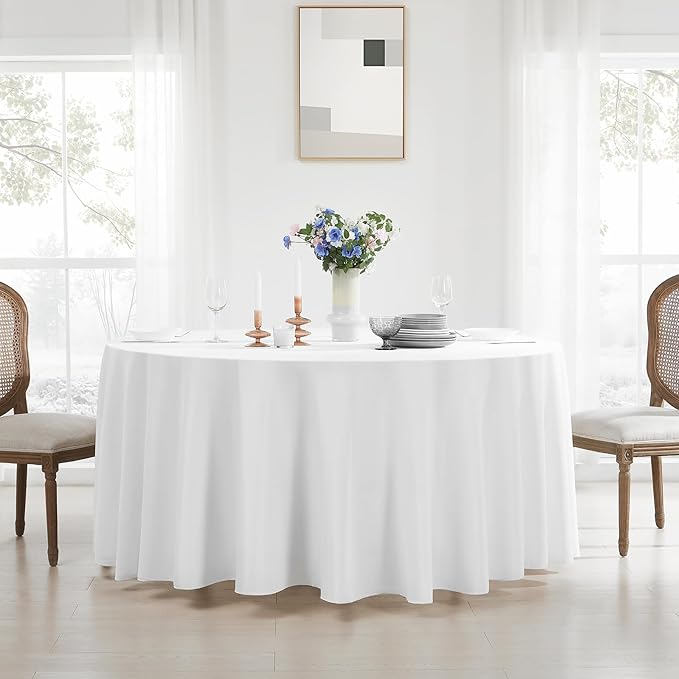 Round Tablecloth 120 Inch 10 Pack White Tablecloths Washable Decorative Linen Polyester Table Clothes Cover for Dining Table Banquets Buffet Parties and Wedding