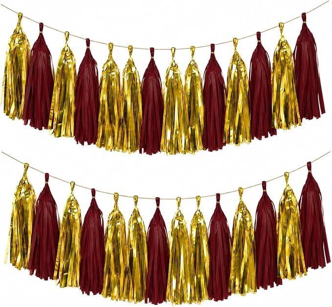 Gold and Burgundy Tassel Garland Banner, 30 Pack Maroon and Glod Paper Tassels by SIPRKAICT