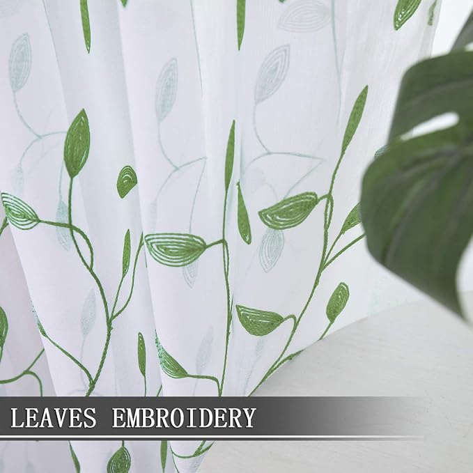 Tollpiz Leaves Sheer Curtain Green Leaf Embroidery Living Room Curtains Rod - Image 3