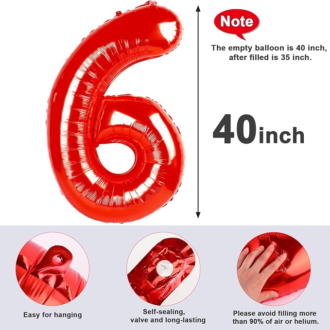 Number 6 Balloons 40 Inch Red Balloon - Image 6